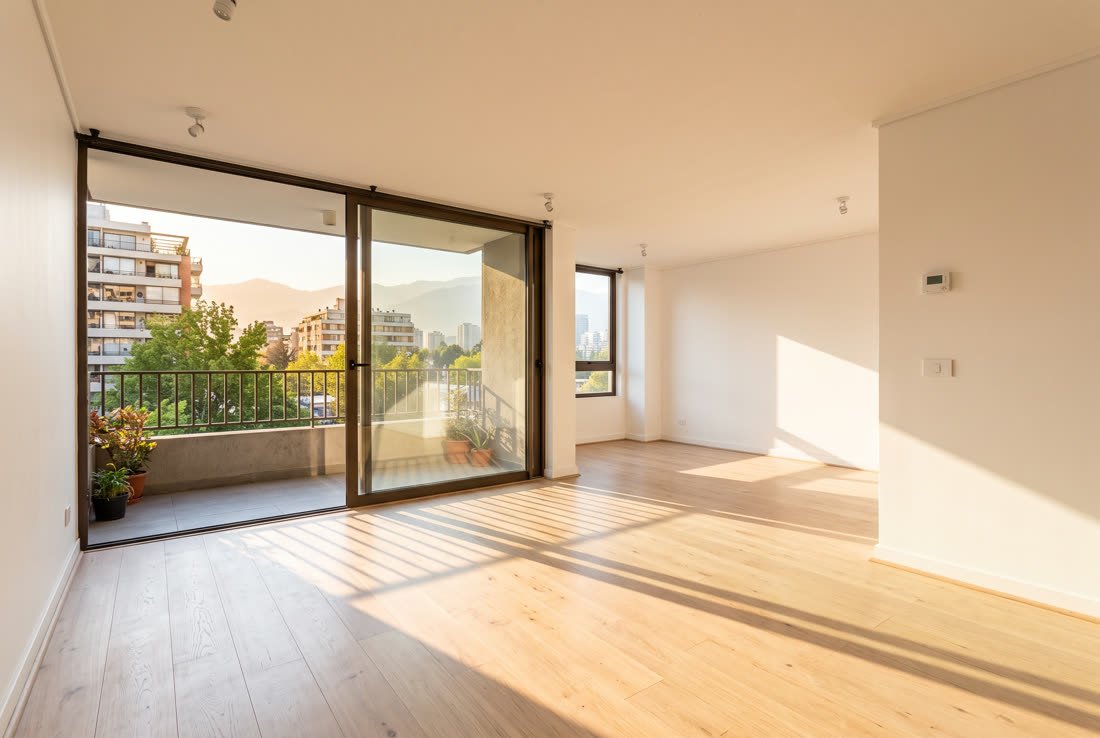 Living vacío con piso de madera clara y salida a balcón, en un departamento de Ñuñoa.