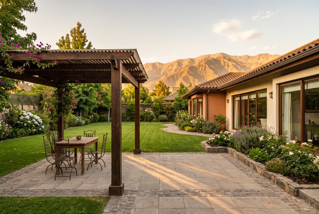 Terraza con pérgola y jardín mirando hacia el pie de la cordillera, en una casa de Peñalolén.